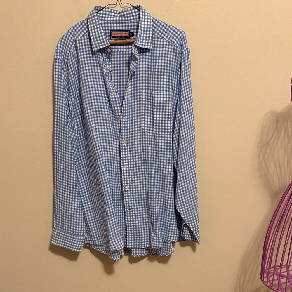 Vineyard Vines Blue and White 100% Linen Checkered Shirt
